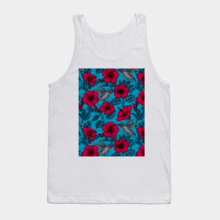 Red hibiscus and hummingbirds, tropical garden on light blue Tank Top